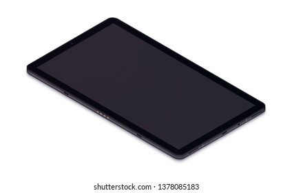 High Resolution Black Smart Tablet Isometric Mockup 3Ds Illustration. You Can Add Your Application PSD UI To The Screen. This Isometric Device Can Be Tiled Easily And Can Be Used For Advertisement.