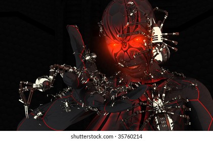high resolution black widow cyborg character holding mechanical spiders smiling at camera