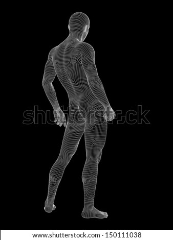 High resolution concept or conceptual 3d male or man standing over a black background as a metaphor for anatomy,body,biology,medicine,muscle,mesh,muscular,anatomical,science,education,sport or x-ray