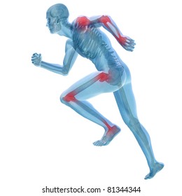 High resolution conceptual 3D human for anatomy,medicine and health designs, isolated on white background. A man made of a skeleton and a transparent blue body as in a x-ray with red painful hotspots