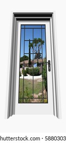 High resolution conceptual closed door isolated on white over a natural landscape