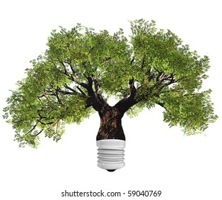 High resolution conceptual green tree as a lamp  isolated on white