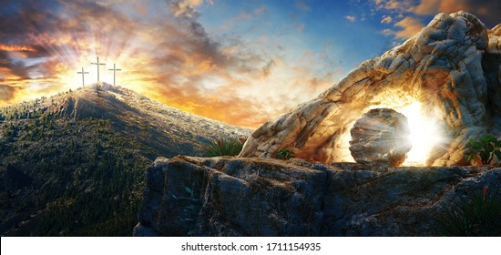 High resolution. Easter Sunday concept: Empty tomb stone with cross on meadow sunrise background. 3d rendering