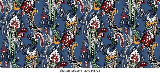 High Resolution. Floral paisley pattern trendy colour background. Colorful leaves and flowers tribal asian style ornament amazing graphic backdrop. - Illustration