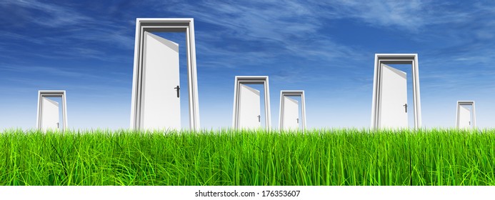 High resolution green, fresh and natural 3d conceptual grass over a blue sky background banner, a opened door at horizon