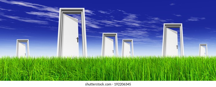 High resolution green, fresh and natural 3d conceptual grass over a blue sky background, opened doors at horizon ideal for religion, home, recreation, faith, business, success, opportunity or future
