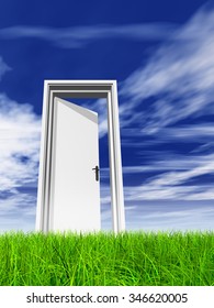 High resolution green, fresh and natural 3d conceptual grass over a blue sky background, a opened door at horizon ideal for religion, home, recreation, faith, business, success, opportunity or future