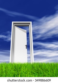 High resolution green, fresh and natural 3d conceptual grass over a blue sky background, a opened door at horizon  ideal for religion, home, recreation, faith, business, success, opportunity or future