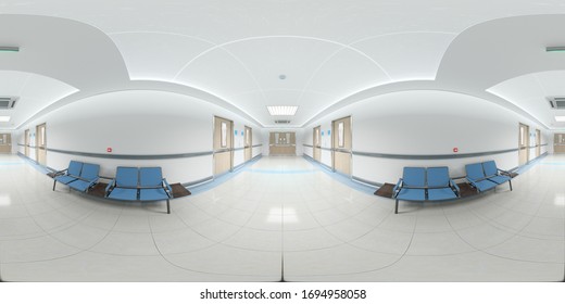 High Resolution HDRI Panoramic View Of A Bright Hospital Corridor. 360 Panorama Reflection Mapping Hallway Medical Interior. 3D Rendering