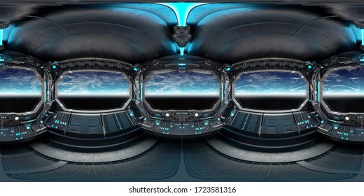 High resolution HDRI panoramic view of dark blue spaceship interior. 360 panorama reflection mapping of a futuristic spacecraft room 3D rendering. Elements of this image furnished by NASA