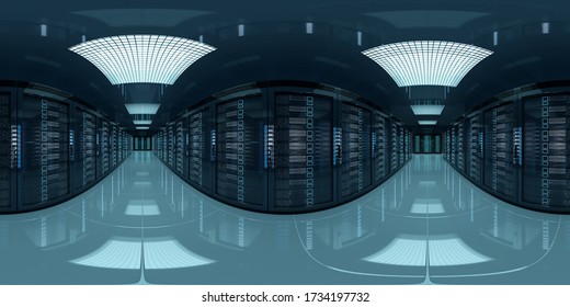 High Resolution HDRI Panoramic View Of A Bright Server Data Room Center. 360 Panorama Reflection Mapping Of A Computer Storage System Interior. 3D Rendering