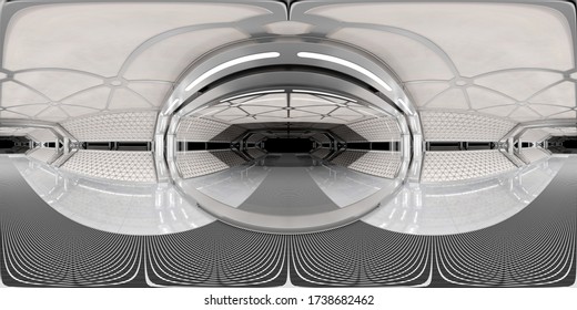 High resolution HDRI panoramic view of bright white spaceship interior. 360 panorama reflection mapping of a futuristic spacecraft room 3D rendering