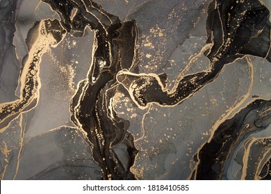 High resolution  Luxury abstract fluid art painting in alcohol ink technique  mixture black  gray   gold paints   Imitation marble stone cut  glowing golden veins  Tender   dreamy design  