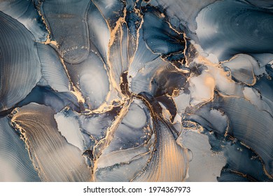 High resolution  Luxury abstract fluid art painting in alcohol ink technique  mixture dark blue  gray   gold paints  Imitation marble stone cut  glowing golden veins  Tender   dreamy design 