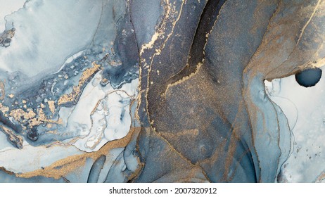 High resolution  Luxury abstract fluid art painting in alcohol ink technique  mixture dark blue  gray   gold paints  Imitation marble stone cut  Trendy interior wall design 