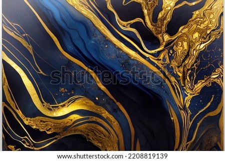High resolution. Luxury abstract fluid art painting in alcohol ink technique, mixture of dark blue, gray and gold paints. Imitation of marble stone cut, glowing golden veins. Tender. 3D Illustration