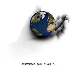 High resolution raytraced 3D render of Earth being held in hand.