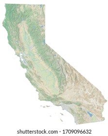 High resolution topographic map of California with land cover, rivers and shaded relief in 1:1.000.000 scale.