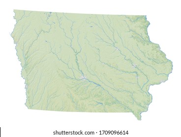 High resolution topographic map of Iowa with land cover, rivers and shaded relief in 1:1.000.000 scale.