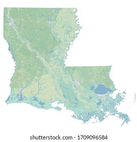 High resolution topographic map of Louisiana with land cover, rivers and shaded relief in 1:1.000.000 scale.