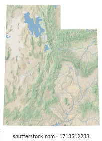 High resolution topographic map of Utah with land cover, rivers and shaded relief in 1:1.000.000 scale.