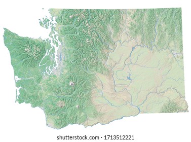 High resolution topographic map of Washington with land cover, rivers and shaded relief in 1:1.000.000 scale.