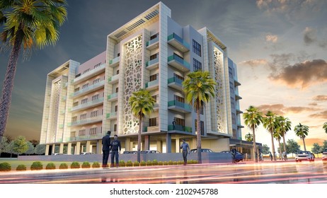 High Rise Building Facade Design, 3d Illustration, Rendering Of Outdoor Restaurant, Summer, Artwork