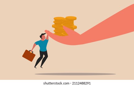 High Risk Of Investing Money In Business. Man Holds The Hand That Holds Money Gold Coins Illustration. Happy Investor Deal Or Bad Luck In The Market. Chance To People Make Money Trading