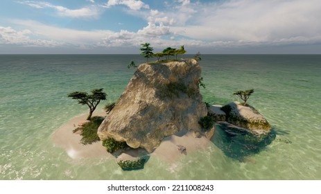 A High Rock On A Lonely Desert Island In The Ocean. 3d Rendering