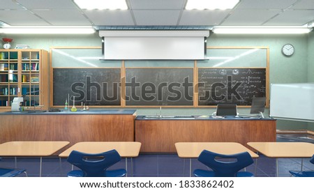 High school classroom interior. 3d illustration