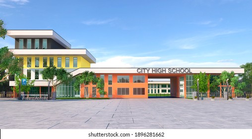 High School Entrance Facade Exterior. 3d Illustration