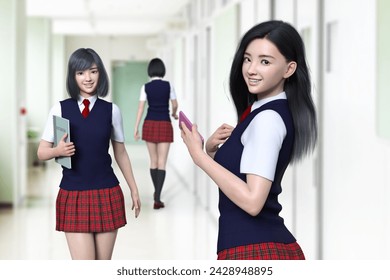 High school girls walk down a school hallway with smartphones in hand.3D illustration,3D rendering - Powered by Shutterstock