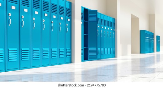 High School Hall Blue Color Lockers Closed, One Open. Education Building Interior, Empty Corridor, 3d Render