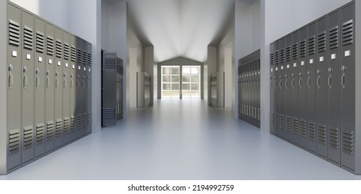 High School Hallway Gray Color Lockers. Education Building Interior, Empty Corridor, 3d Render