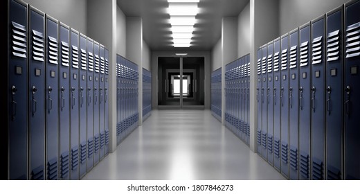 High School Lobby With Blue Color Lockers, Perspective View. Students Storage Cabinets, Closed Metal Doors, Gray Color Room Interior Background. 3d Illustration