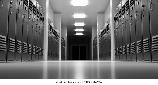 High School Lobby With Gray Silver Color Lockers, Perspective View. Students Storage Cabinets, Closed Metal Doors, Gray Color Room Interior Background. 3d Illustration