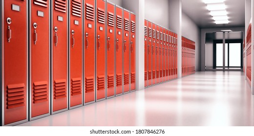 High School Lobby With Red Color Lockers, Perspective View. Students Storage Cabinets, Closed Metal Doors, Gray Color Room Interior Background. 3d Illustration