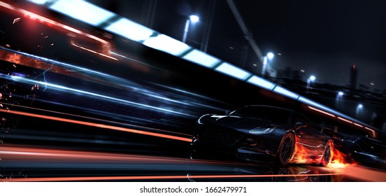 High speed, black sports car speeding in the city (with grunge overlay and motion blur) brand less and generic car design - 3d illustration