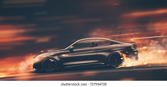 High speed black sports car - street racer concept (with grunge overlay) generic and brandless - 3d illustration