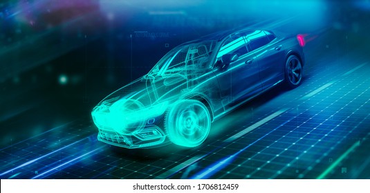 High Speed Futuristic Sports Car Wireframe Intersection In Motion (3D Illustration)