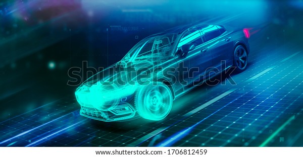 High speed futuristic sports car wireframe\
intersection in motion (3D\
Illustration)