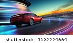 HIgh speed generic red sports car driving in the city with neon light motion effect applied . Automobile futuristic technology concept . 3D rendering and mixed media composition .