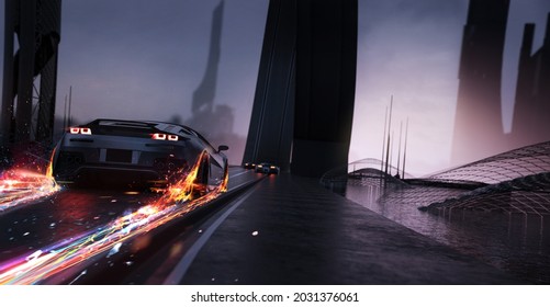 High speed, racing cars speeding through conceptual futuristic city  (non existent car design, full generic) - 3d illustration, 3d render