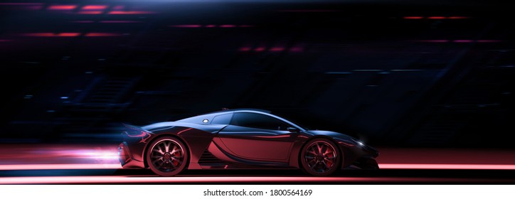 High speed, sports car - futuristic concept (non-existent car design, full generic), side view - 3d illustration, 3d render