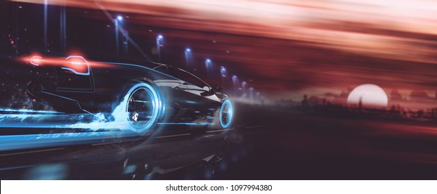 High speed, sports car racing towards city sunset - futuristic concept (with grunge overlay) generic and brandless - 3d illustration