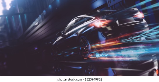 High Speed, Sports Car Speeding Through Conceptual Futuristic City  (with Grunge Overlay) Brandless - 3d Illustration