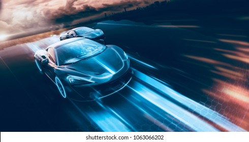 High speed, sports cars racing - futuristic concept (with grunge overlay) generic and brandless - 3d illustration