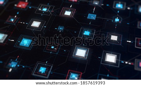 High tech computer circuit board with many signals flowing fast on black background. Animation. Animation. Abstract microcircuit with colorful square shaped pulsating details.