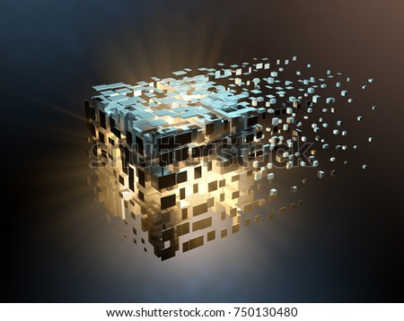 High tech cube disintegrating into cyberspace. 3D illustration.
