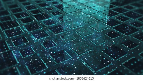 High Tech Electronic Circuit Board. Electrical Signals Flowing. Computer And Technology Related 3D Illustration Render.